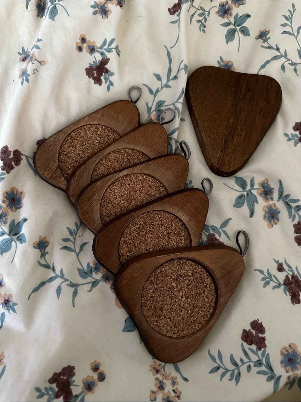 Vintage MCM Wooden Triangle Coasters with Cork Centers - Brown